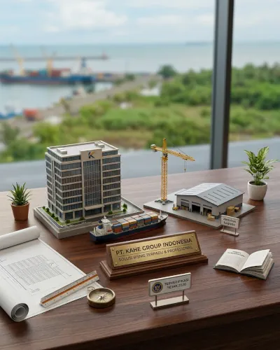 Maket miniatur gedung perkantoran, kapal kargo, dan konstruksi yang merepresentasikan layanan multi-sektor PT Kahe Group Indonesia.