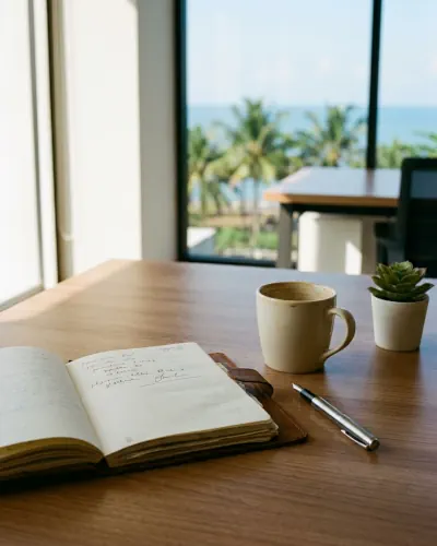 Buku catatan dan secangkir kopi di meja kerja dengan latar belakang pantai, melambangkan visi dan perencanaan strategis PT Kahe Group Indonesia.